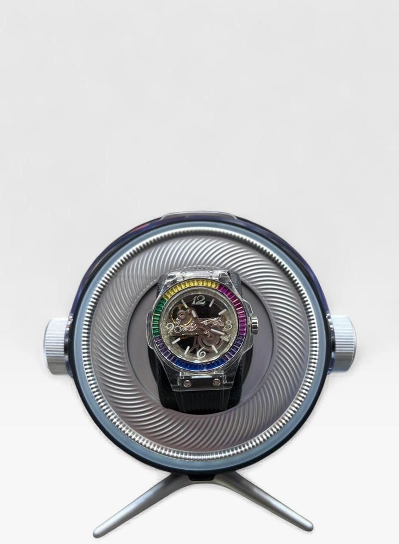 AL SERAJ Single Watch Winder for Automatic Watches, Round Luxury Watch Rotator with LED Light, Motorized Display with Tripod Stand, Silent Watch Winding Display Case - Image 2